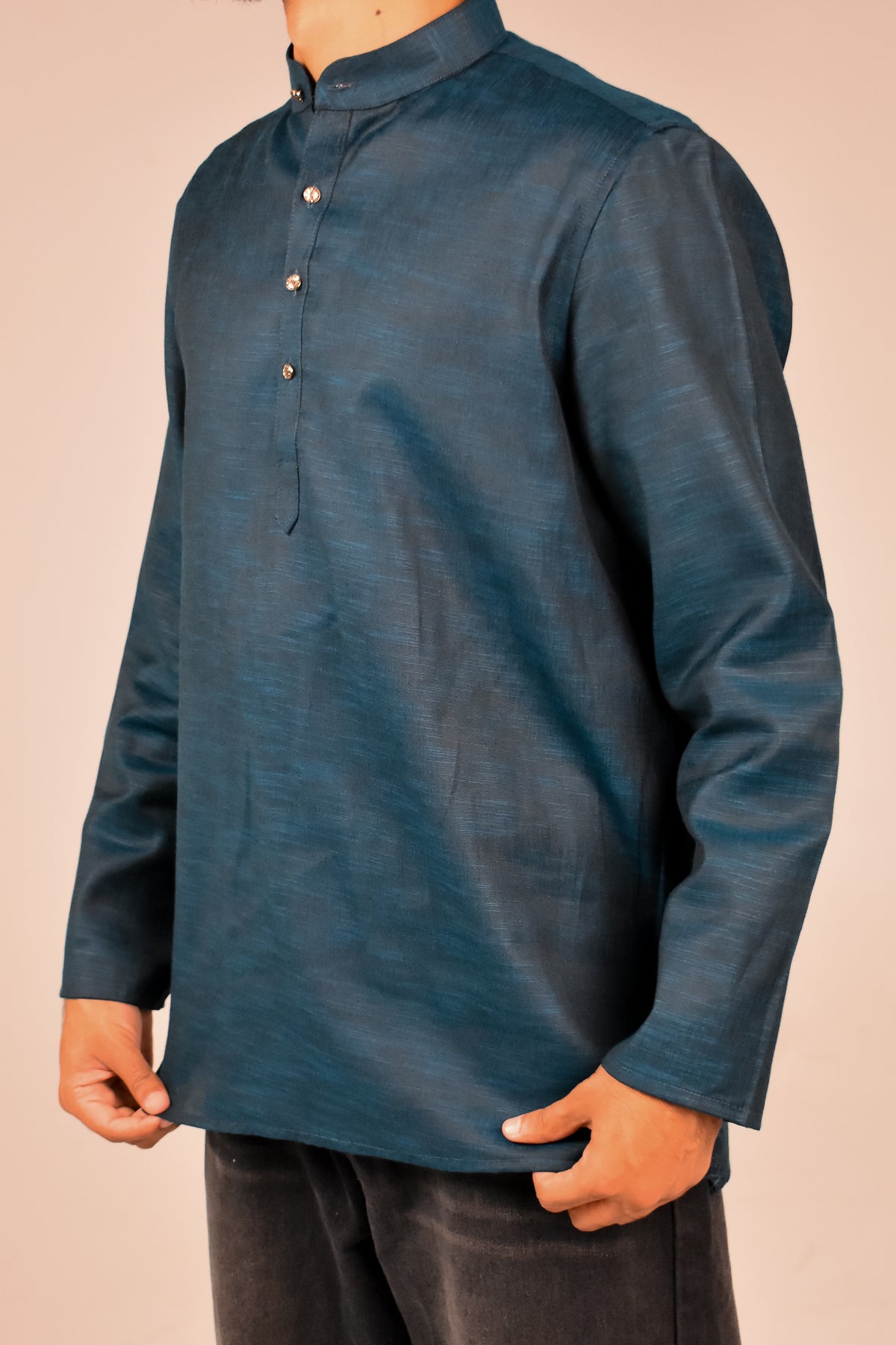 Rawi Short Kurta in Linen Blend, Teal, front view worn