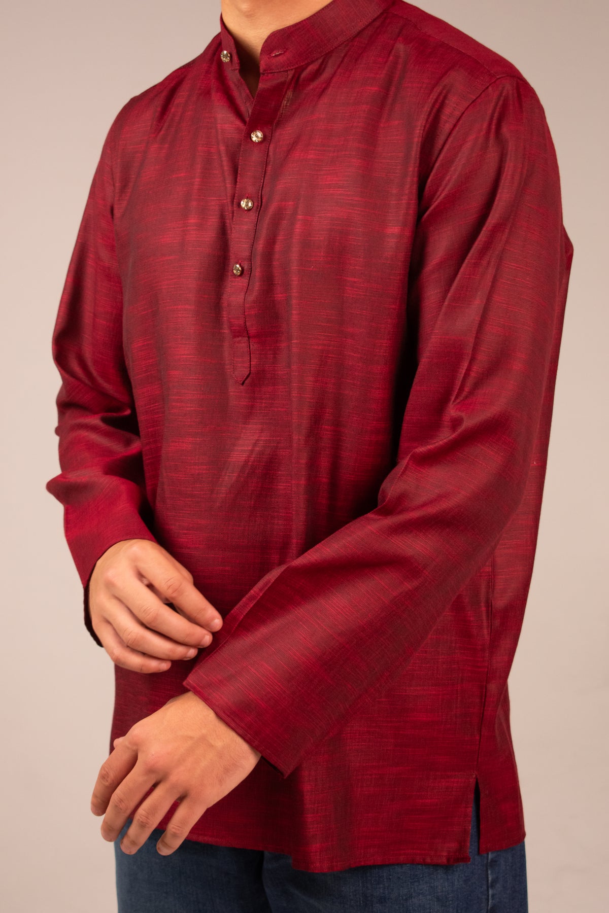 Rawi Short Kurta in Linen Blend, Red, front view showing side slit