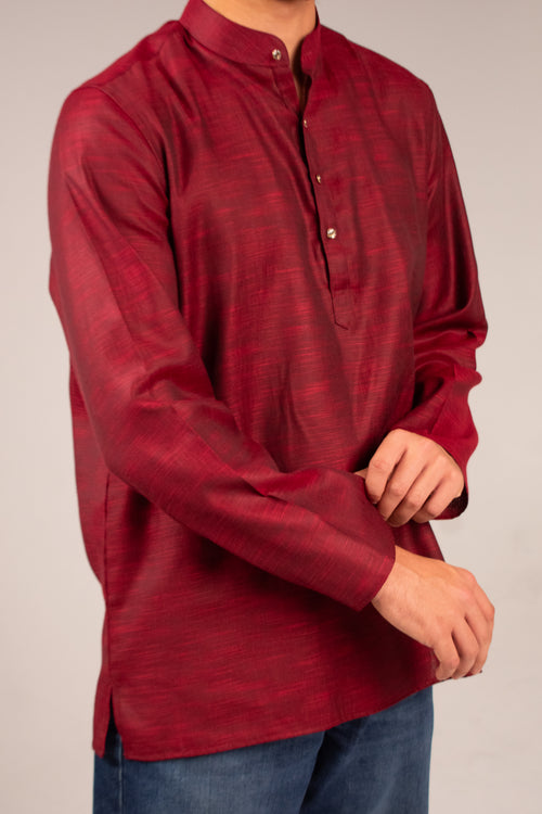 Rawi Short Kurta in Linen Blend, Red, angled front view worn