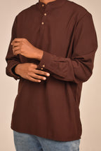 Rawi Short Kurta in Smooth Finish, Brown, front view showing wooden button cuffs