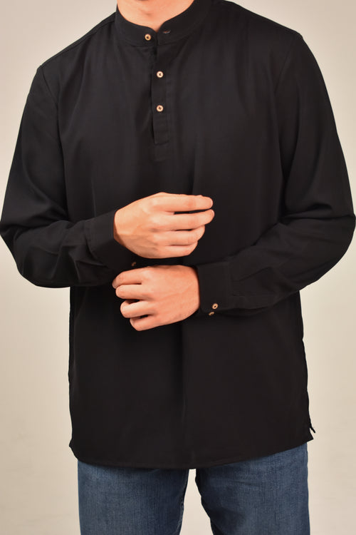 Rawi Short Kurta in Smooth Finish, Black, front view worn with jeans