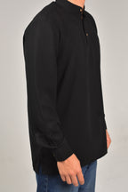 Rawi Short Kurta in Smooth Finish, Black, angled side view worn with jeans