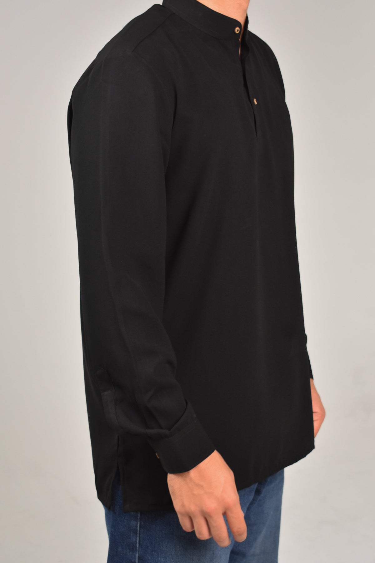 Rawi Short Kurta in Smooth Finish, Black, angled side view worn with jeans