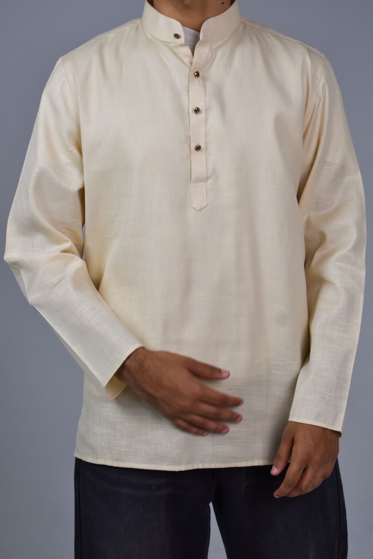 Rawi Short Kurta in Linen Blend, Beige, front view worn