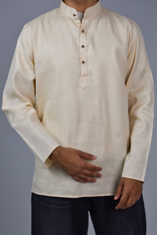 Rawi Short Kurta in Linen Blend, Beige, front view worn