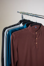 Rawi Short Kurta in Smooth Finish, all four colors on hangers: Brown, Teal, Grey and Black