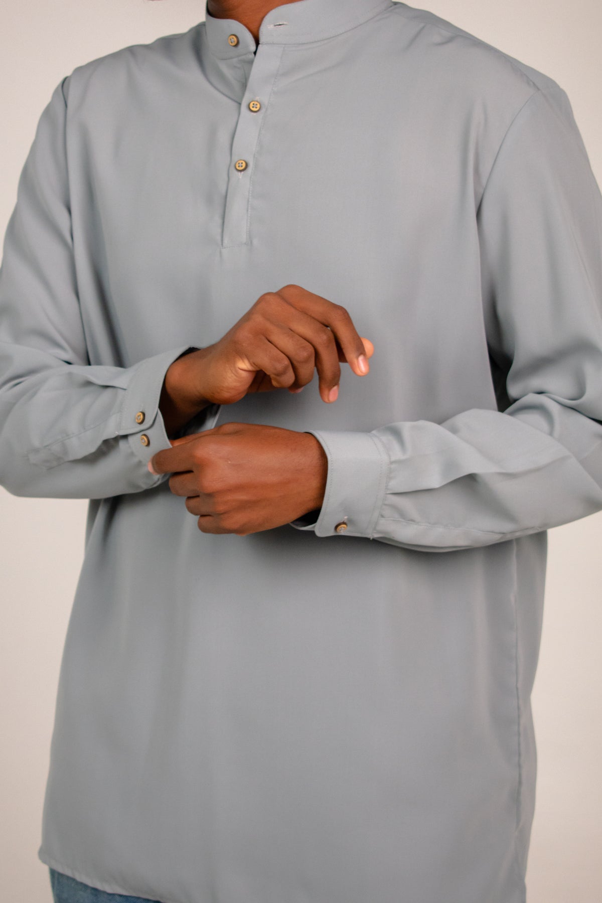 Rawi Short Kurta in Smooth Finish, Grey, front view showing buttoned cuffs