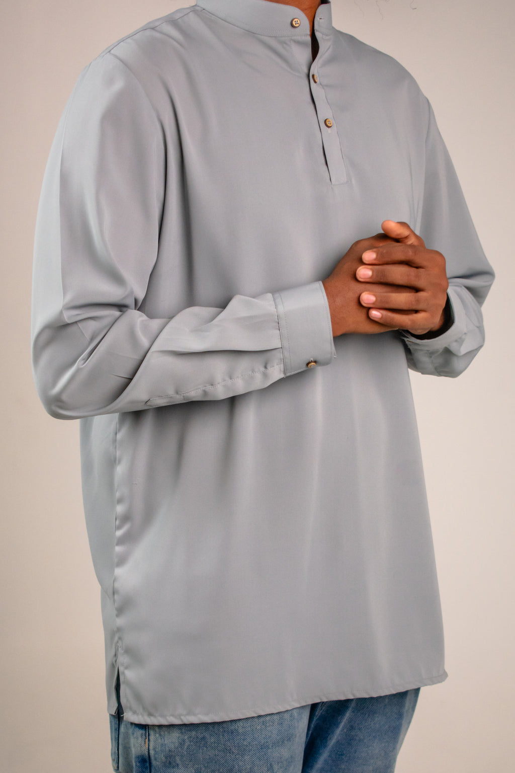 Rawi Short Kurta in Smooth Finish, Grey, angled front view showing hip length and side slit