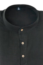 Rawi Short Kurta in Smooth Finish, Black, close-up of mandarin collar and wooden buttons