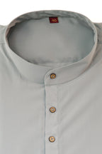 Rawi Short Kurta in Smooth Finish, Grey, close-up of mandarin collar and wooden buttons